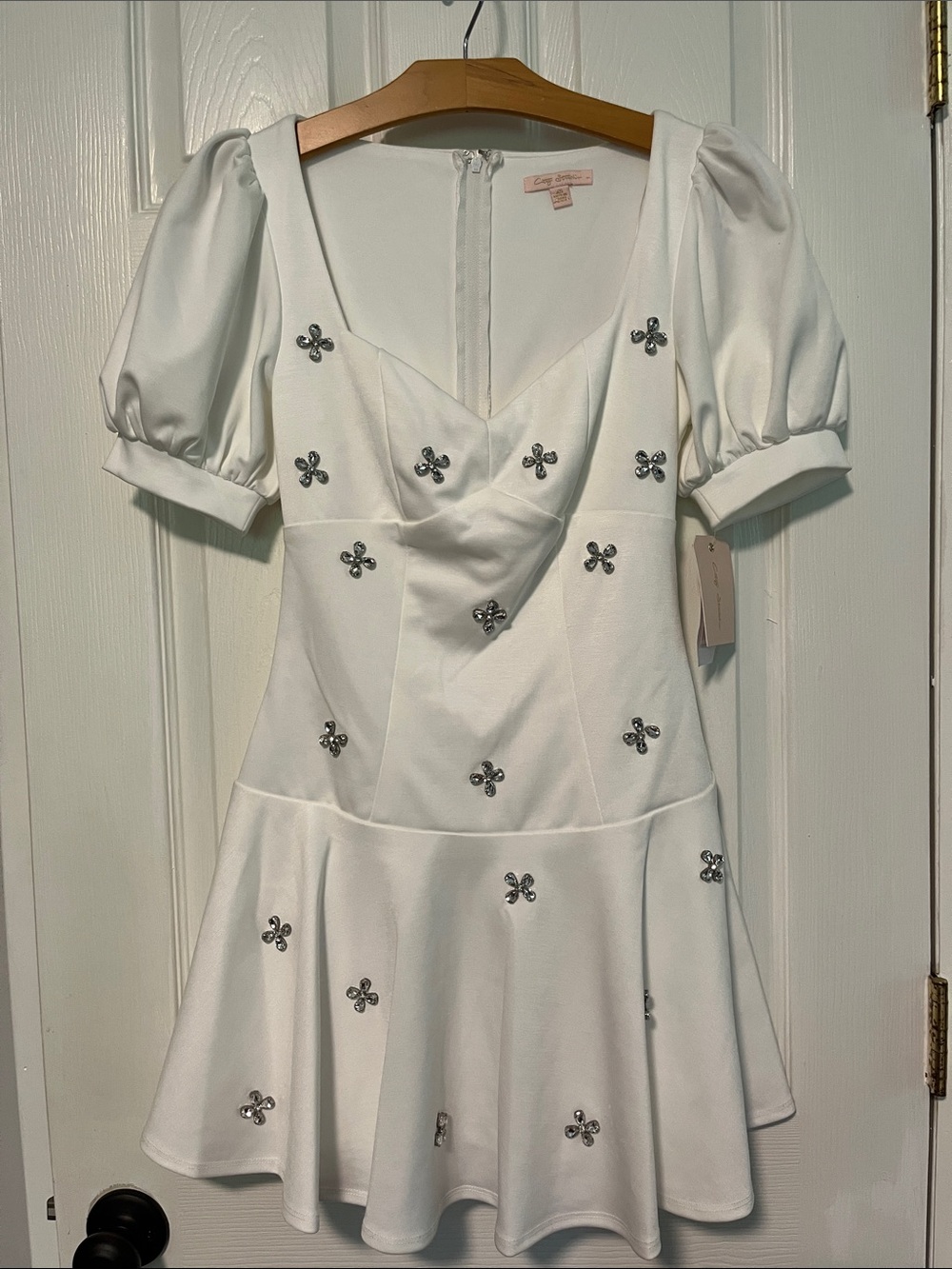 City Studio White Puff-Sleeve Crystal-Embellished Mini Dress